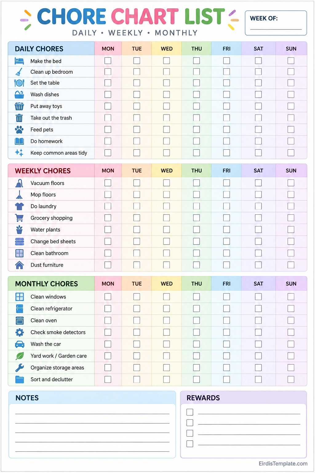 Printable chore chart list with daily, weekly, and monthly household chores, Monday through Sunday checkboxes, notes section, and rewards tracker in colorful pastel sections