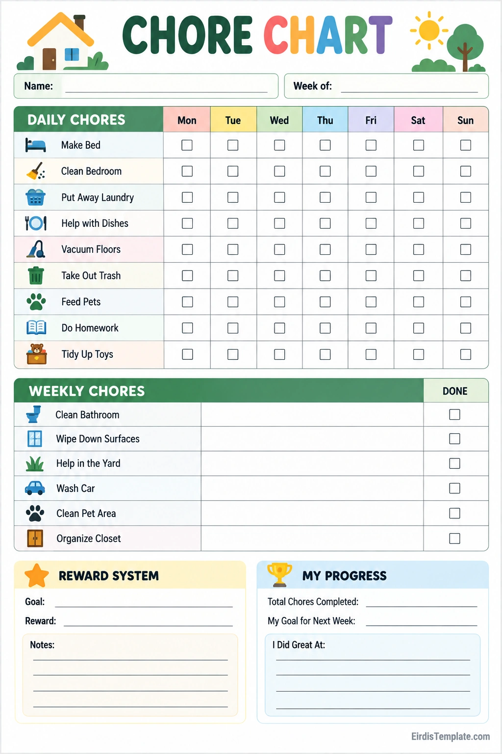 Printable chore chart template with household tasks, assigned responsibilities, daily checkboxes, reward system, and notes section