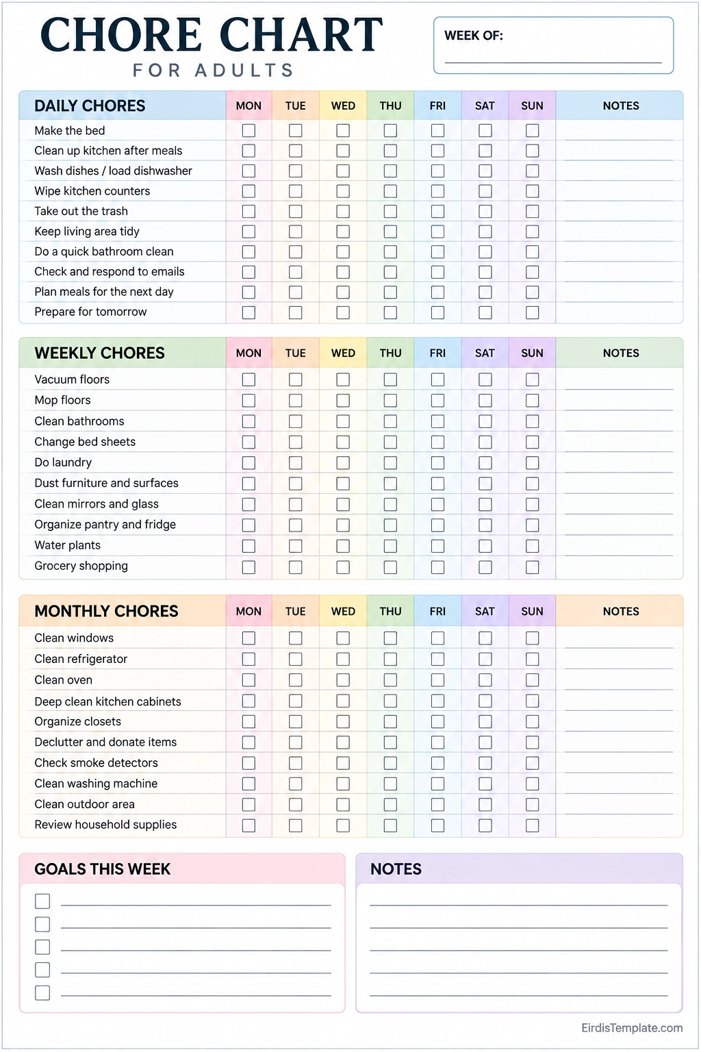 Printable Chore Chart for Adults with daily, weekly, and monthly household cleaning tasks, Monday through Sunday checkboxes, weekly goals, and notes sections