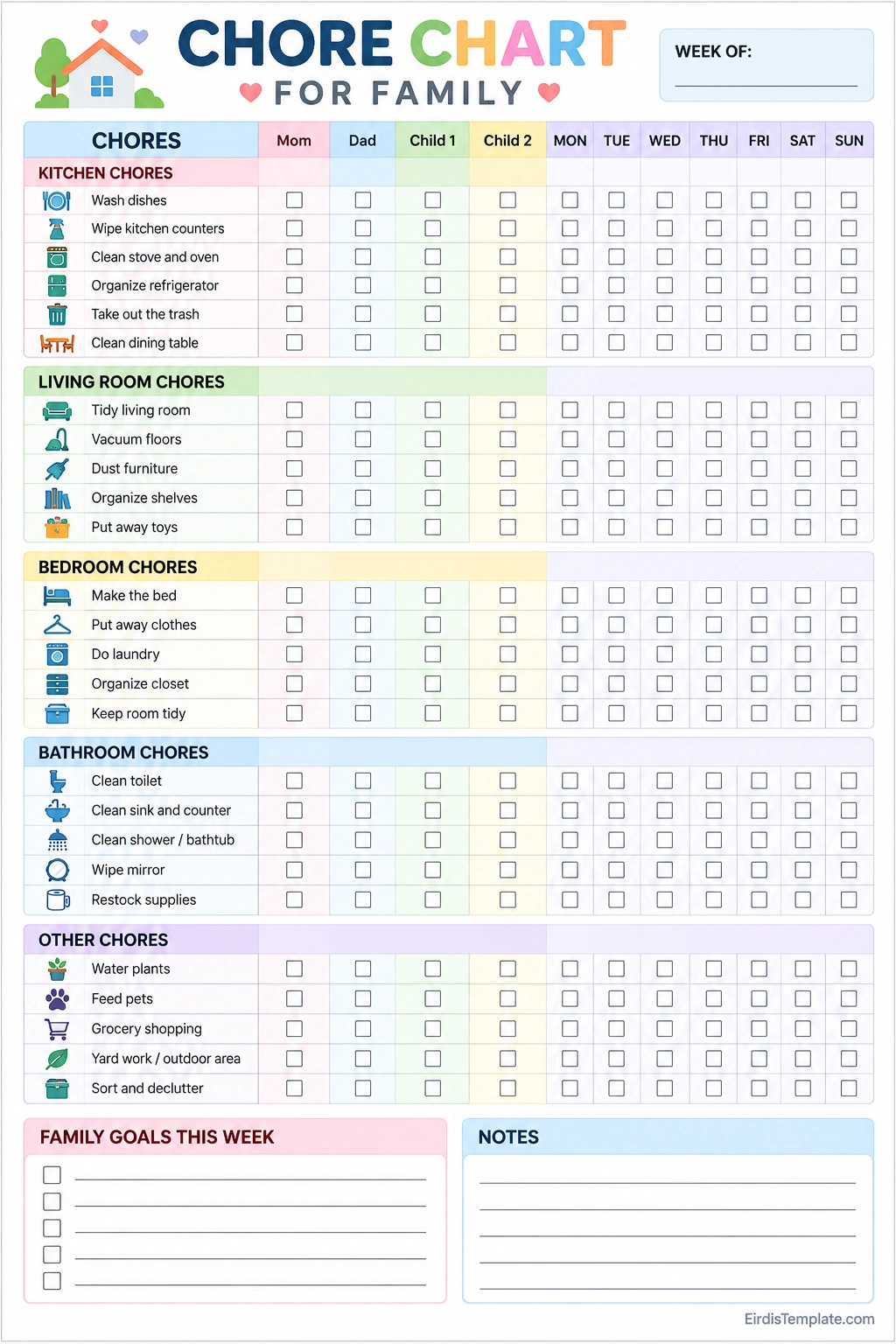 Printable Chore Chart for Family with household tasks, family member assignments, Monday through Sunday checkboxes, weekly goals, and notes