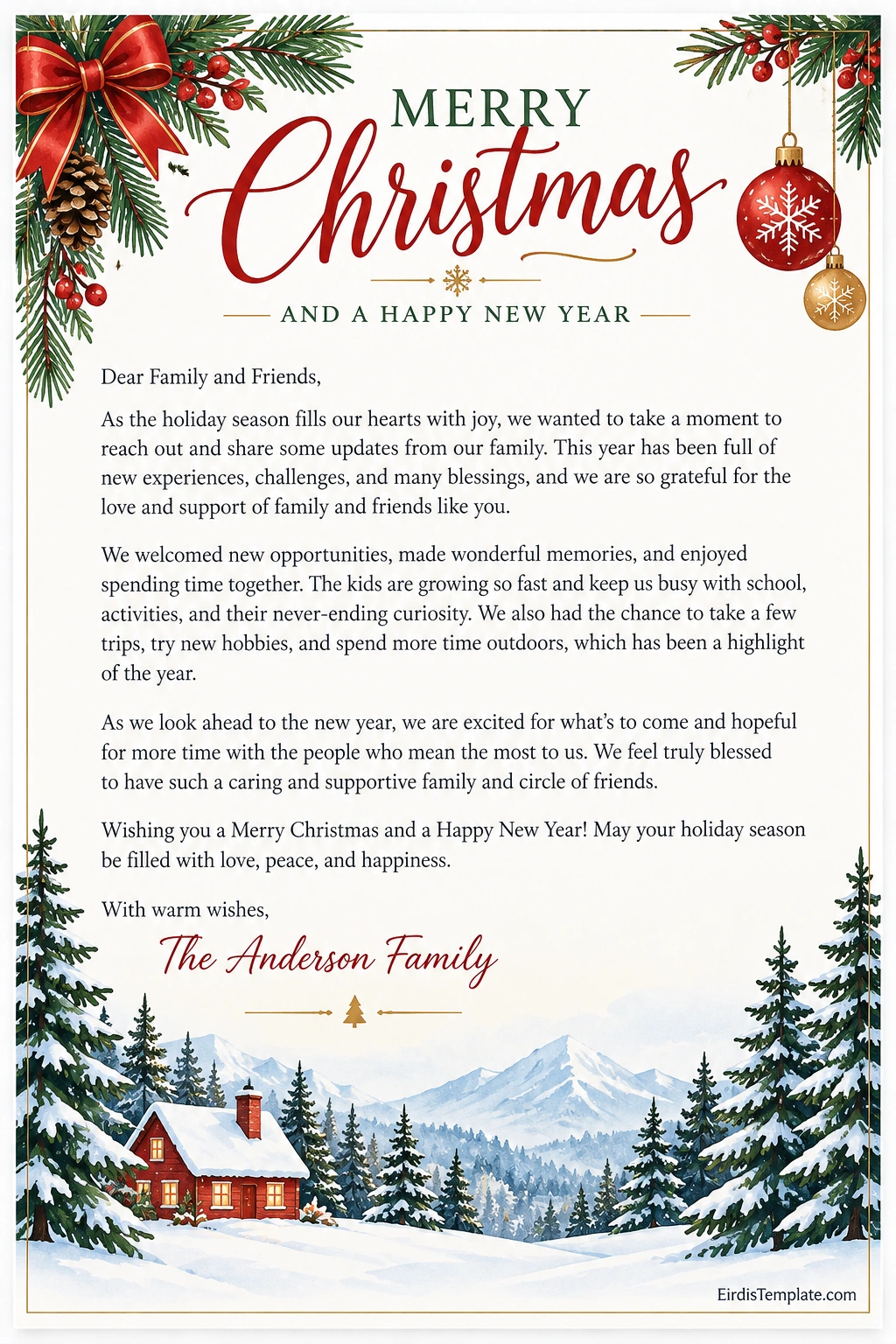 Christmas letter sample with a festive red, green, and gold design, family updates, holiday greetings, and a snowy winter illustration