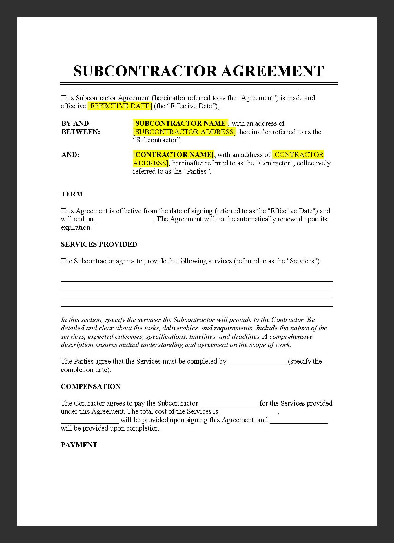 Example Subcontractor Agreement Template Example Subcontractor Agreement Template