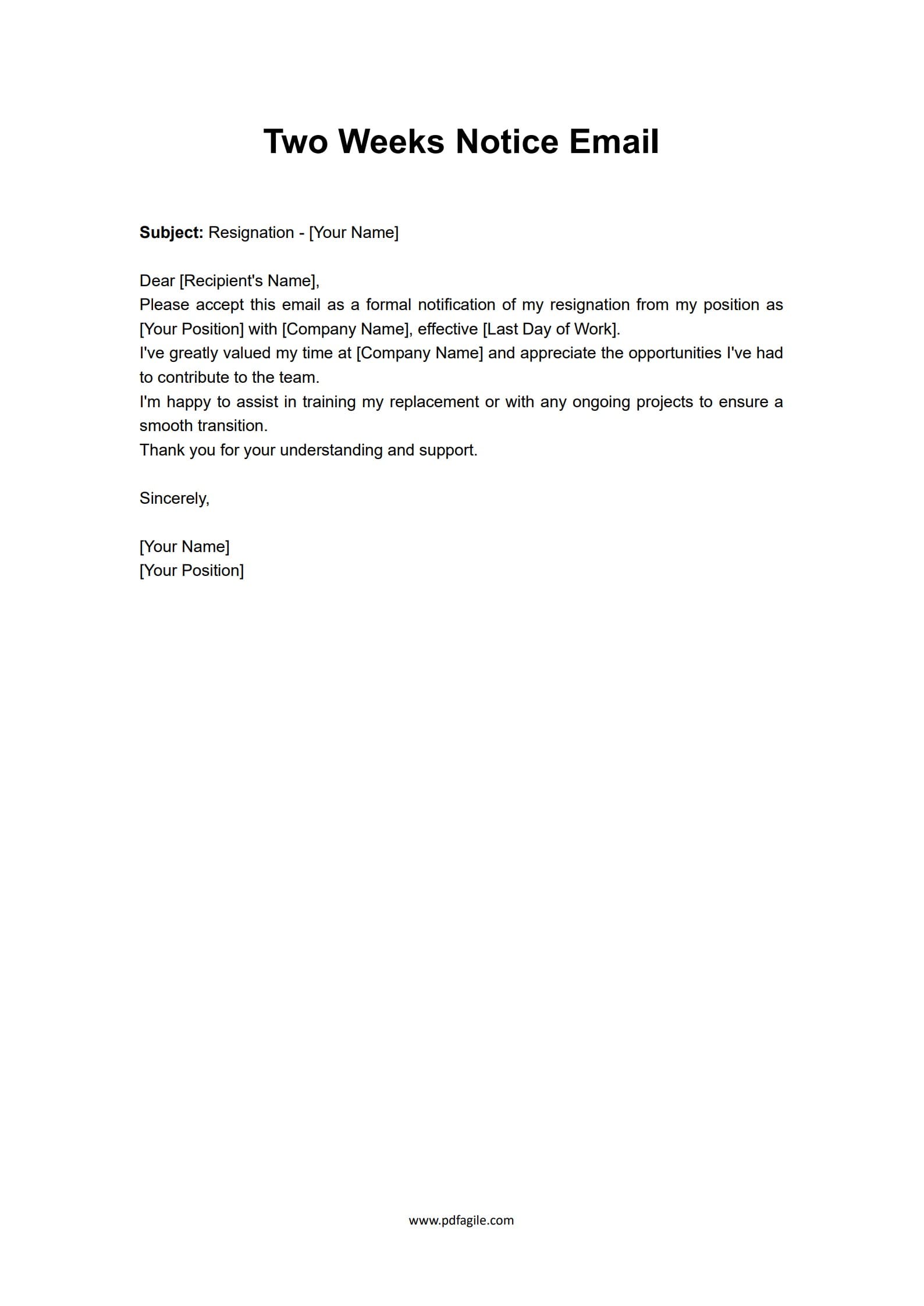 Example Two-Week Notice Resignation Letter Template Example Two-Week Notice Resignation Letter Template