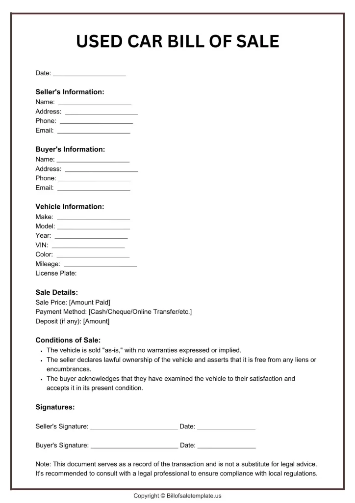Example Used Car Bill of Sale Template Example Used Car Bill of Sale Template