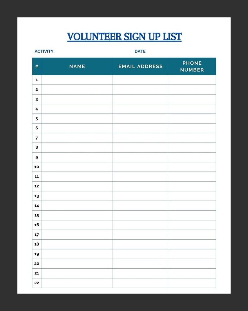 Example Volunteers Sign-up Sheet Template Example Volunteers Sign-up Sheet Template