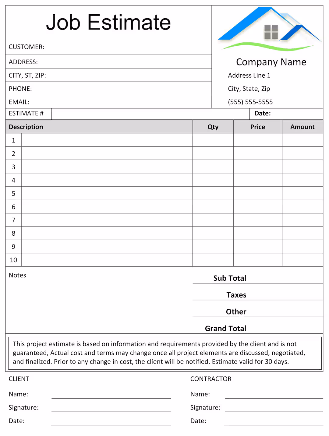 Example Work Estimate Template Example Work Estimate Template