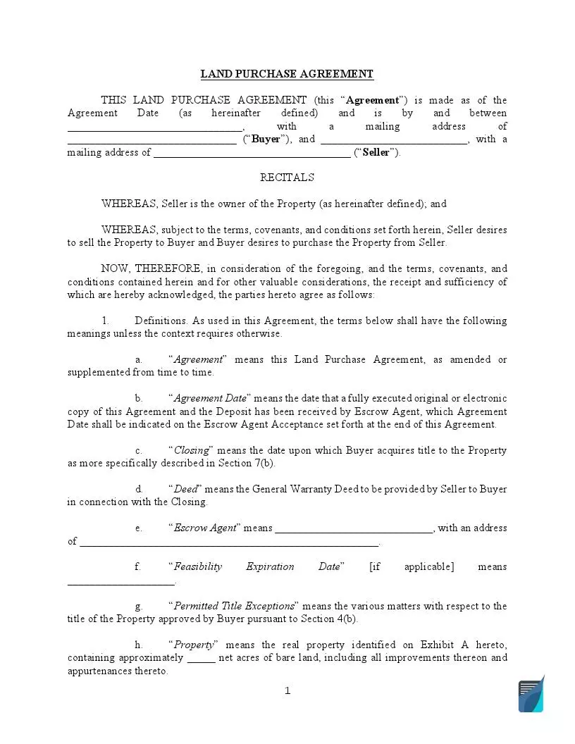 Land Purchase Agreement Template Land Purchase Agreement Template