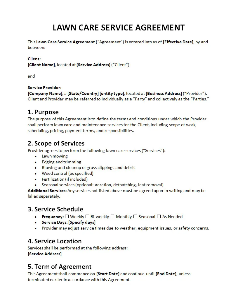 Lawn Care Service Agreement Template Lawn Care Service Agreement Template