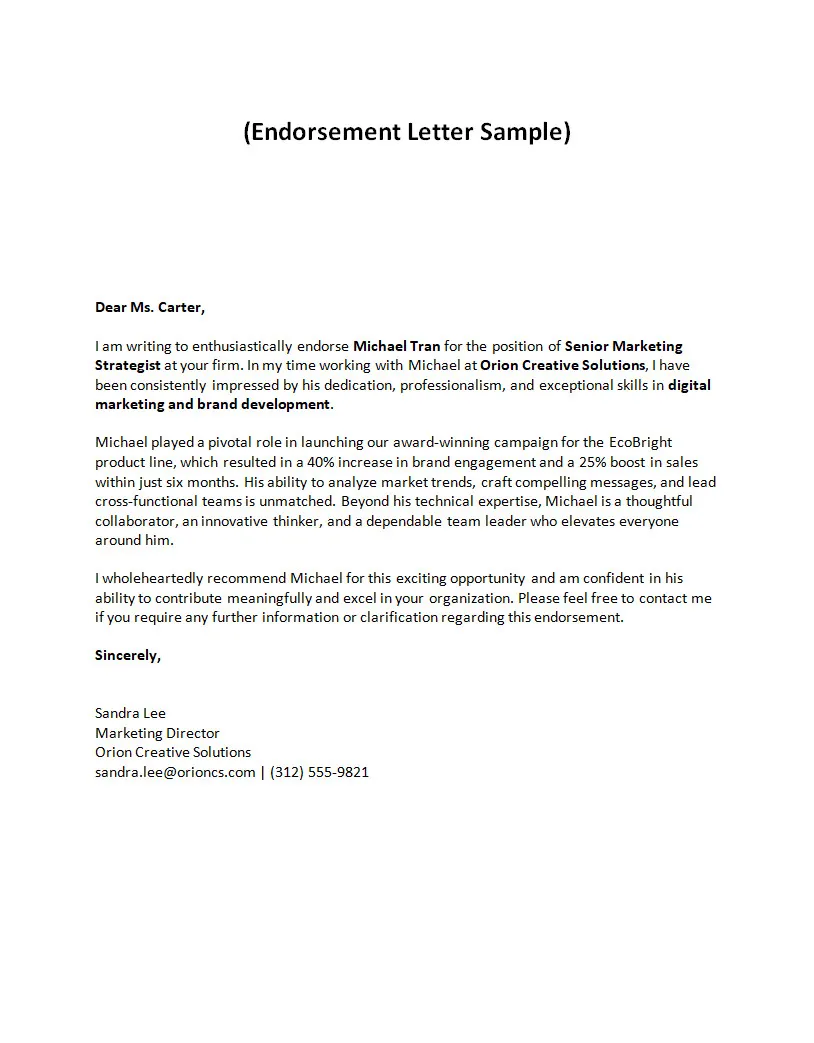 Letter of Endorsement Template Simple Letter of Endorsement Template Word