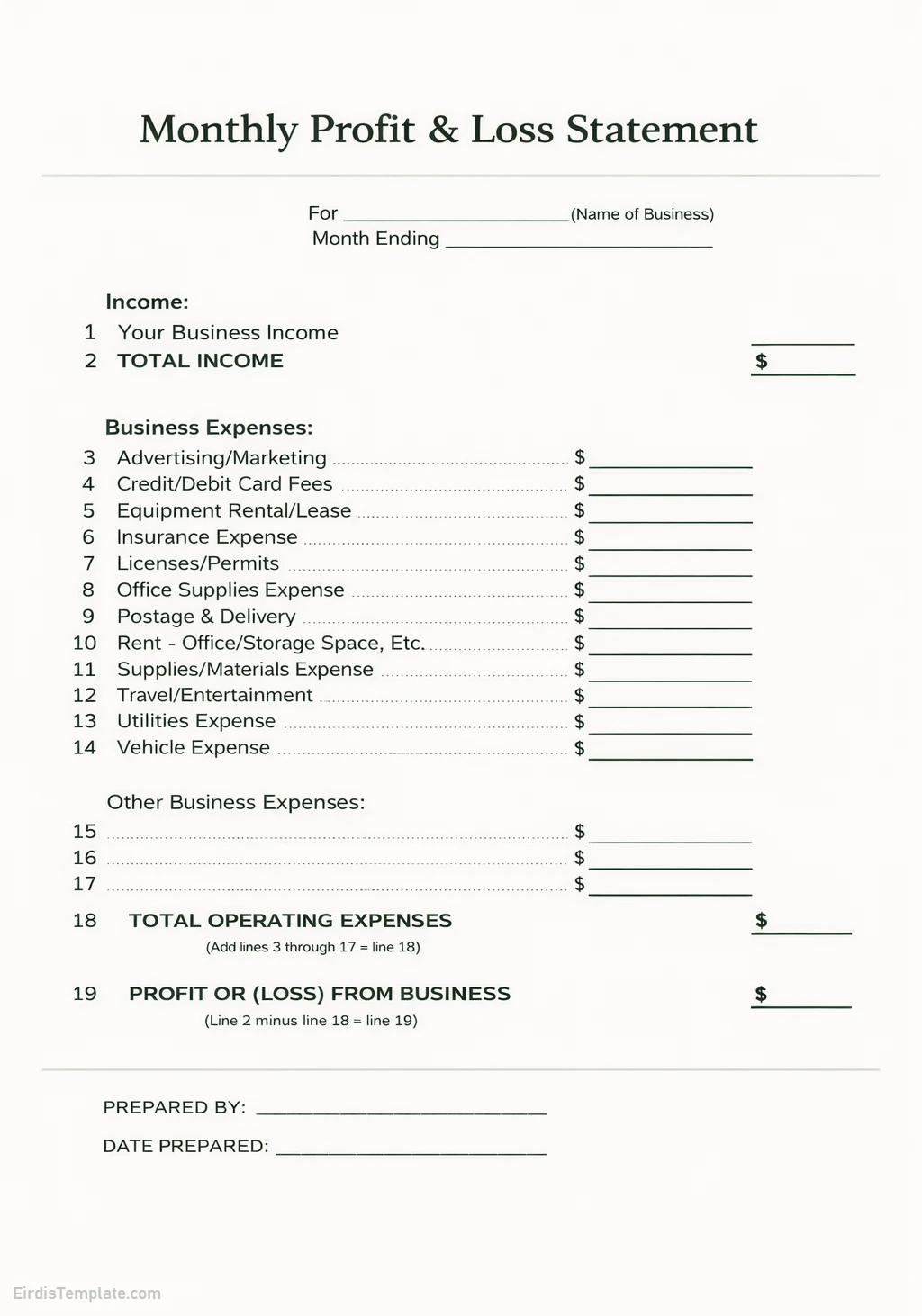 Monthly Profit And Loss Statement Template
