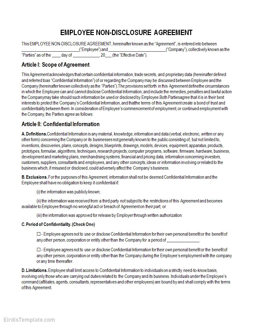 Non-disclosure Agreement Template for Employees Non disclosure Agreement Template for Employees