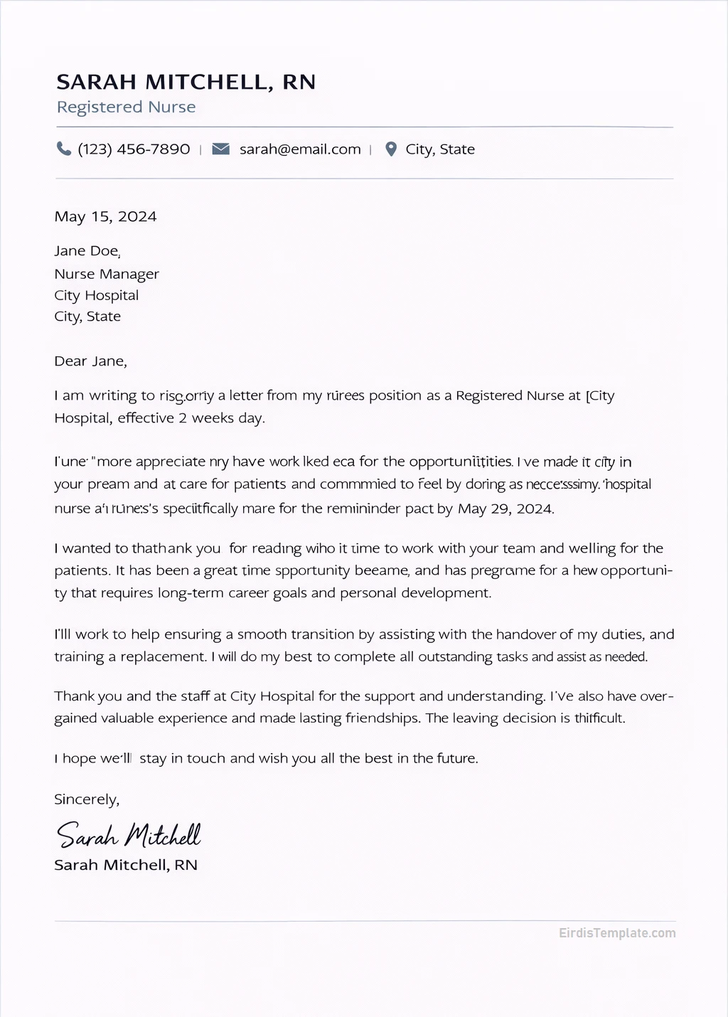 Editable Nurse Resignation Letter Template Word