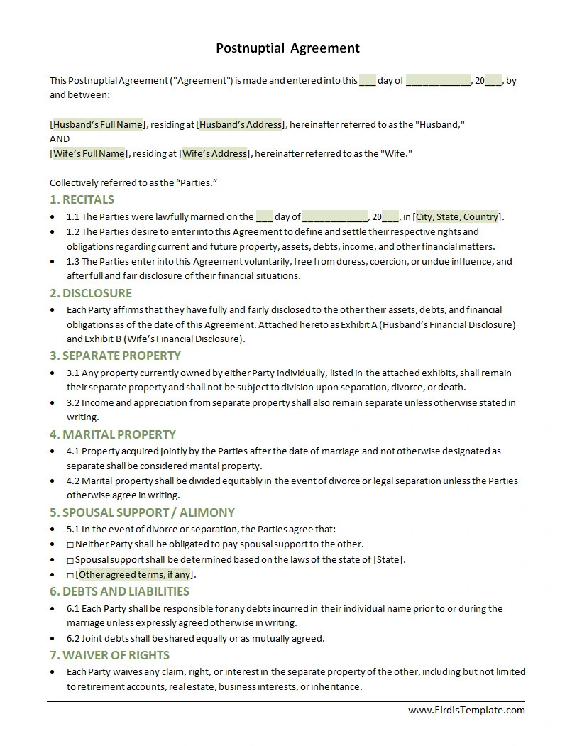 Postnuptial Agreement Template Postnuptial Agreement Template Word