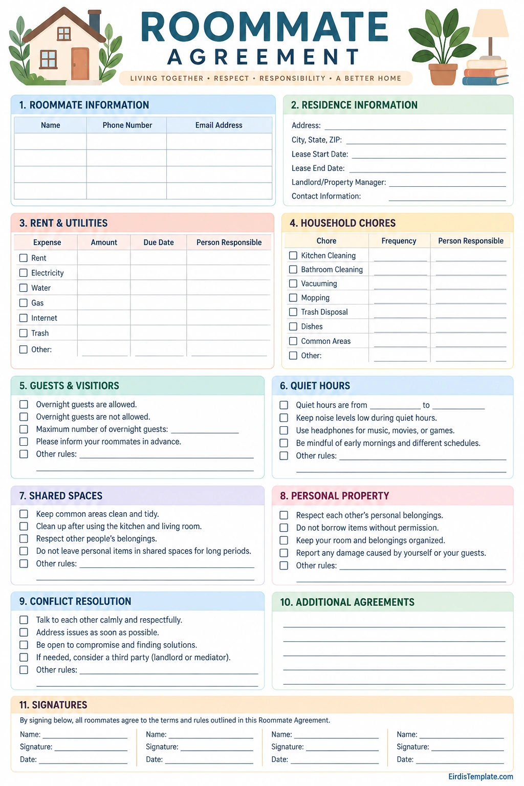 Printable roommate agreement template with rent, utilities, chores, guests, quiet hours, shared spaces, conflict resolution, and signatures