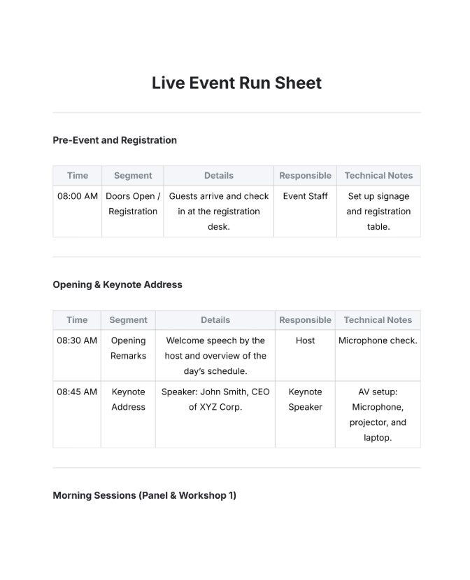 Run of Show Template Run of Show Template