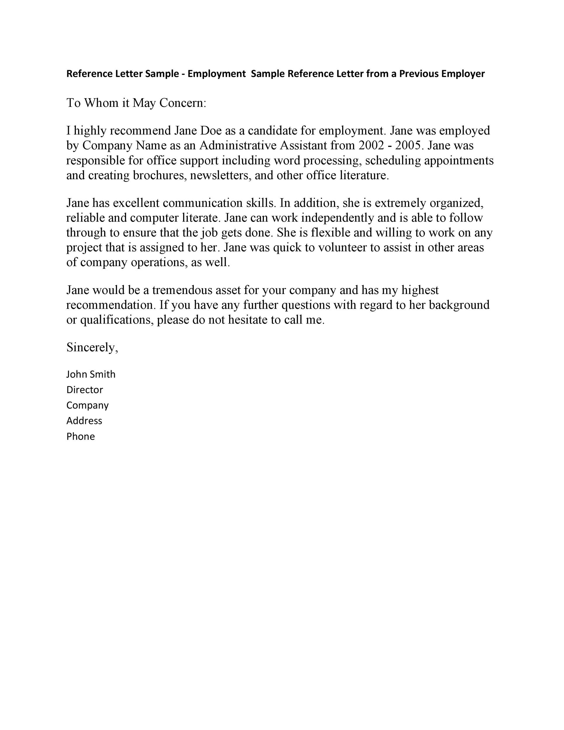Sample Reference Letter Template for an Employee Sample Reference Letter Template for an Employee