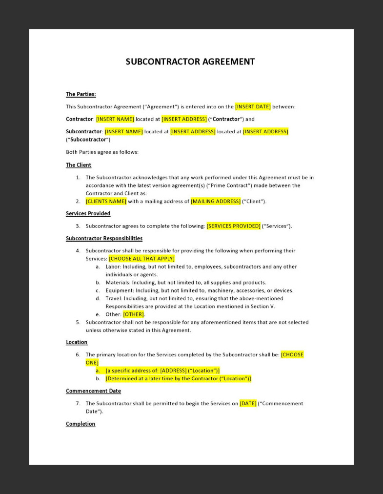 Sample Subcontractor Agreement Template Sample Subcontractor Agreement Template
