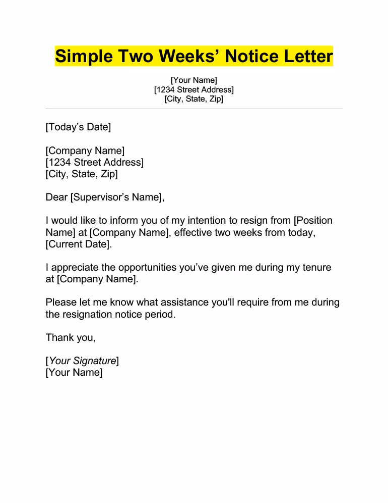 Sample Two-Week Notice Resignation Letter Template Sample Two-Week Notice Resignation Letter Template