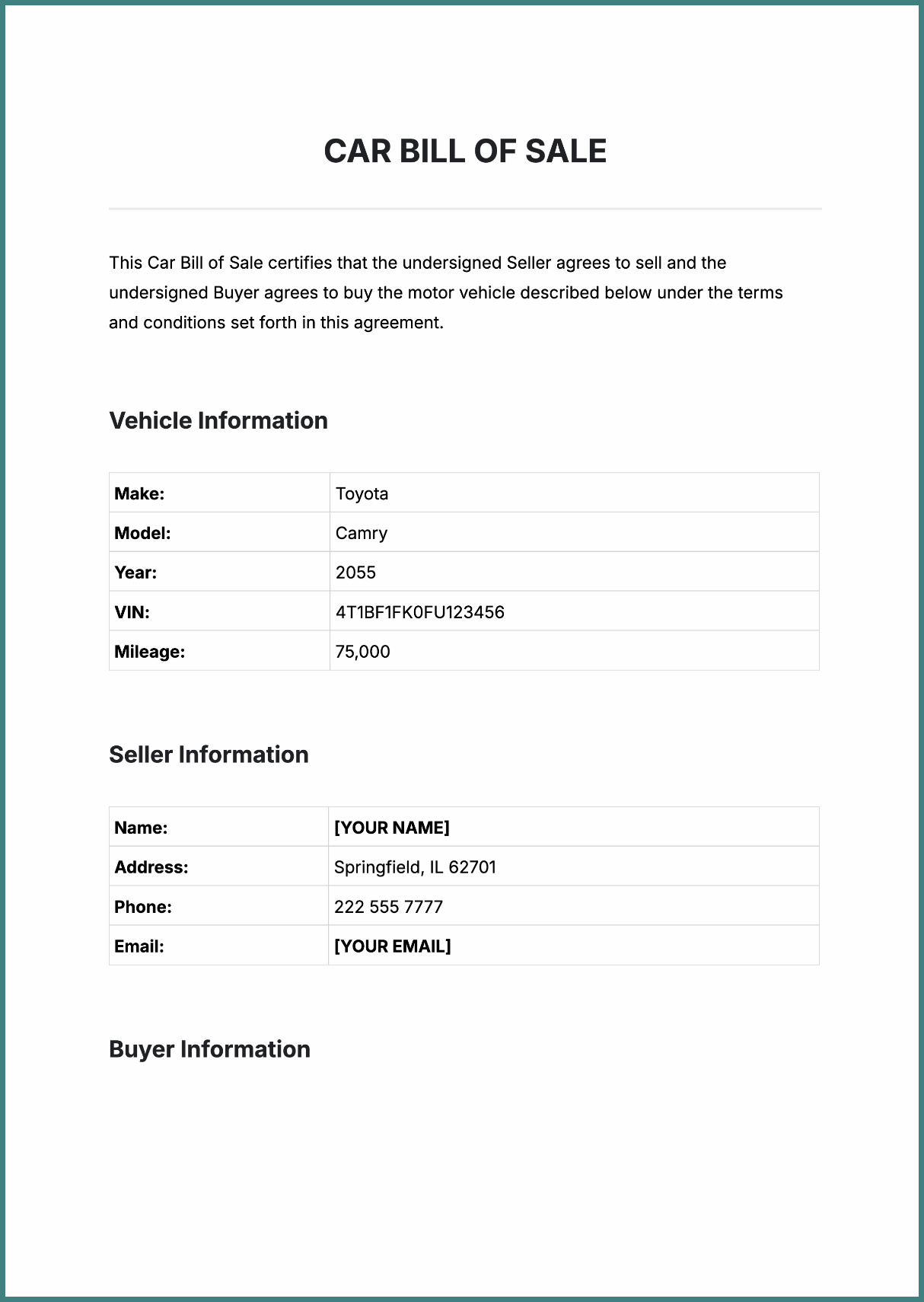 Sample Used Car Bill of Sale Template Sample Used Car Bill of Sale Template