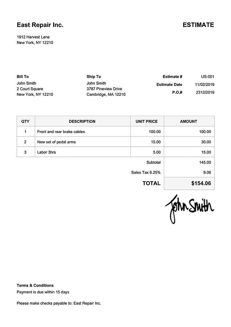 Sample Work Estimate Template Sample Work Estimate Template
