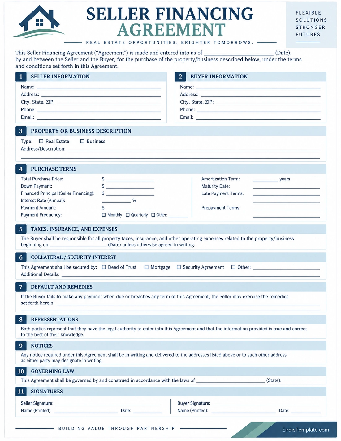 Printable seller financing agreement template with seller and buyer information, property description, purchase terms, interest rate, payment schedule, security interest, default provisions, governing law, and signatures