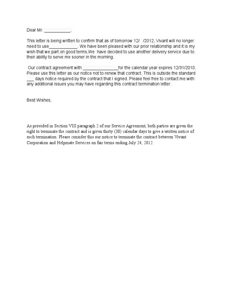 Service Contract Termination Letter Template Example Service Contract Termination Letter Template Example