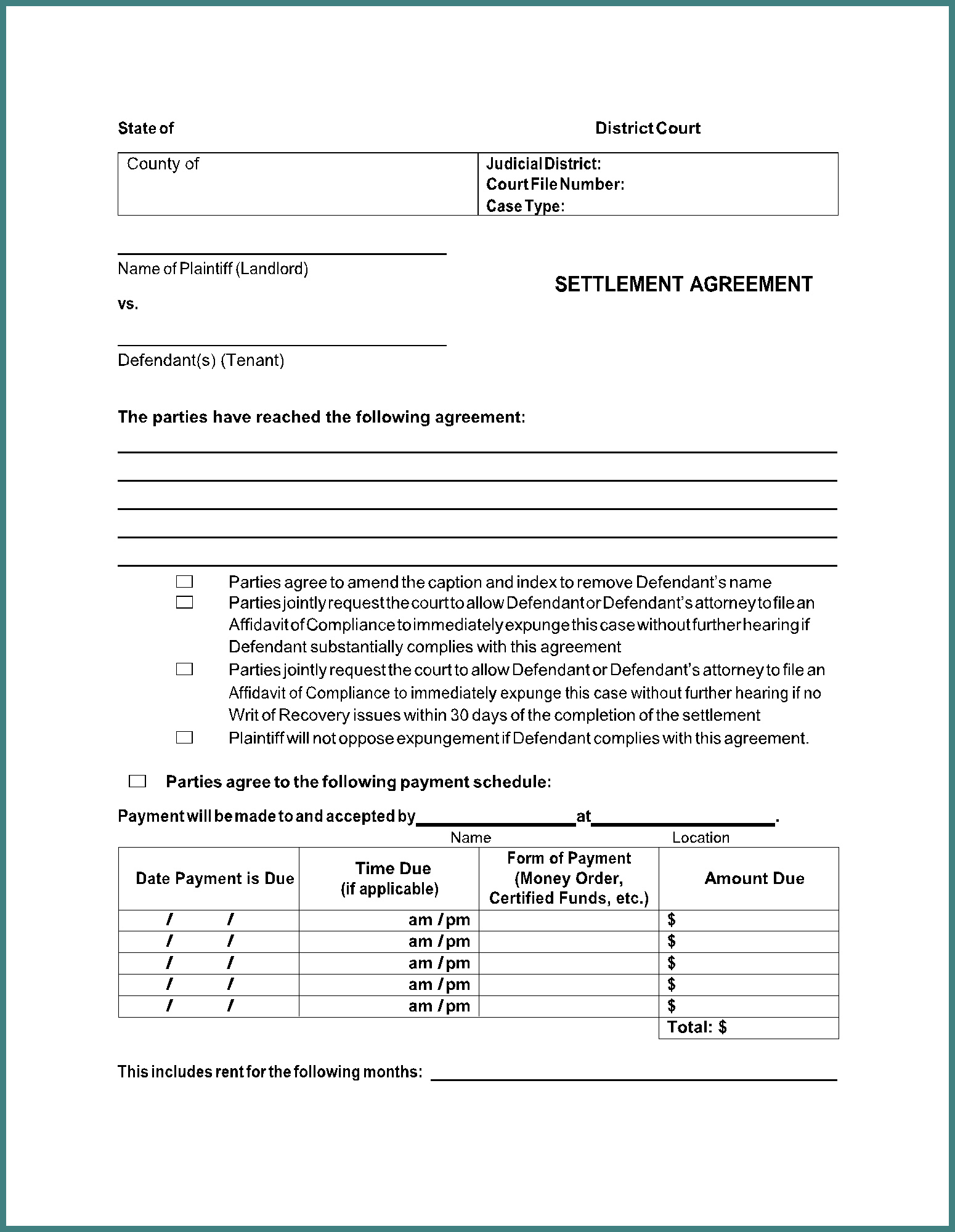 Settlement Agreement Form Settlement Agreement Form