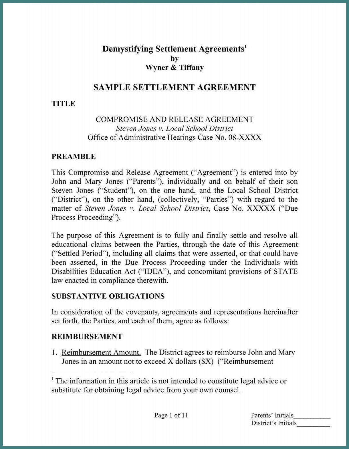 Settlement Agreement Template Example Settlement Agreement Template Example