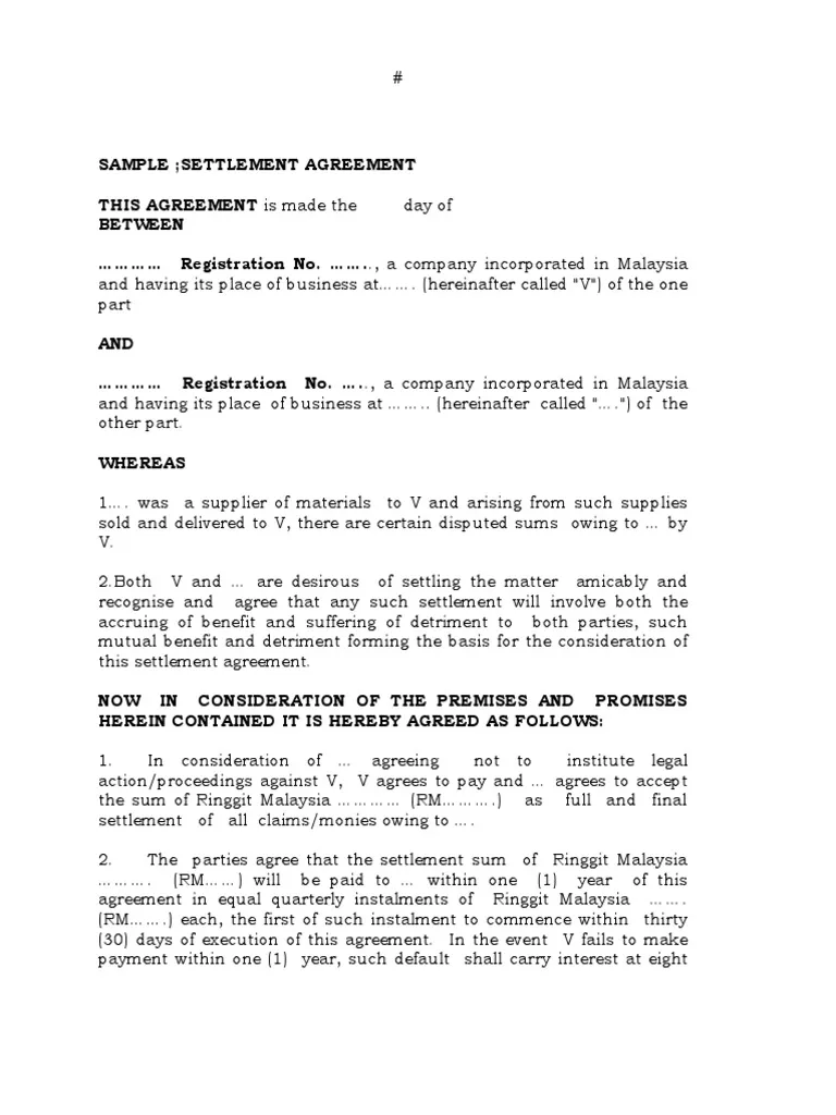 Settlement Agreement Template Sample Settlement Agreement Template Sample