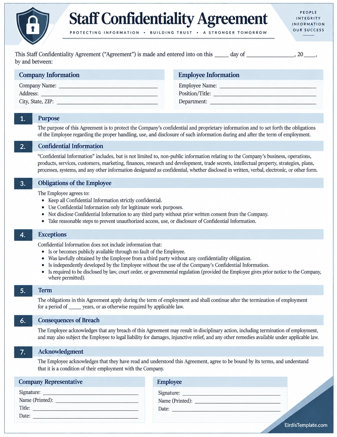 Staff Confidentiality Agreement Template with confidential information, employee obligations, breach consequences, and signature sections