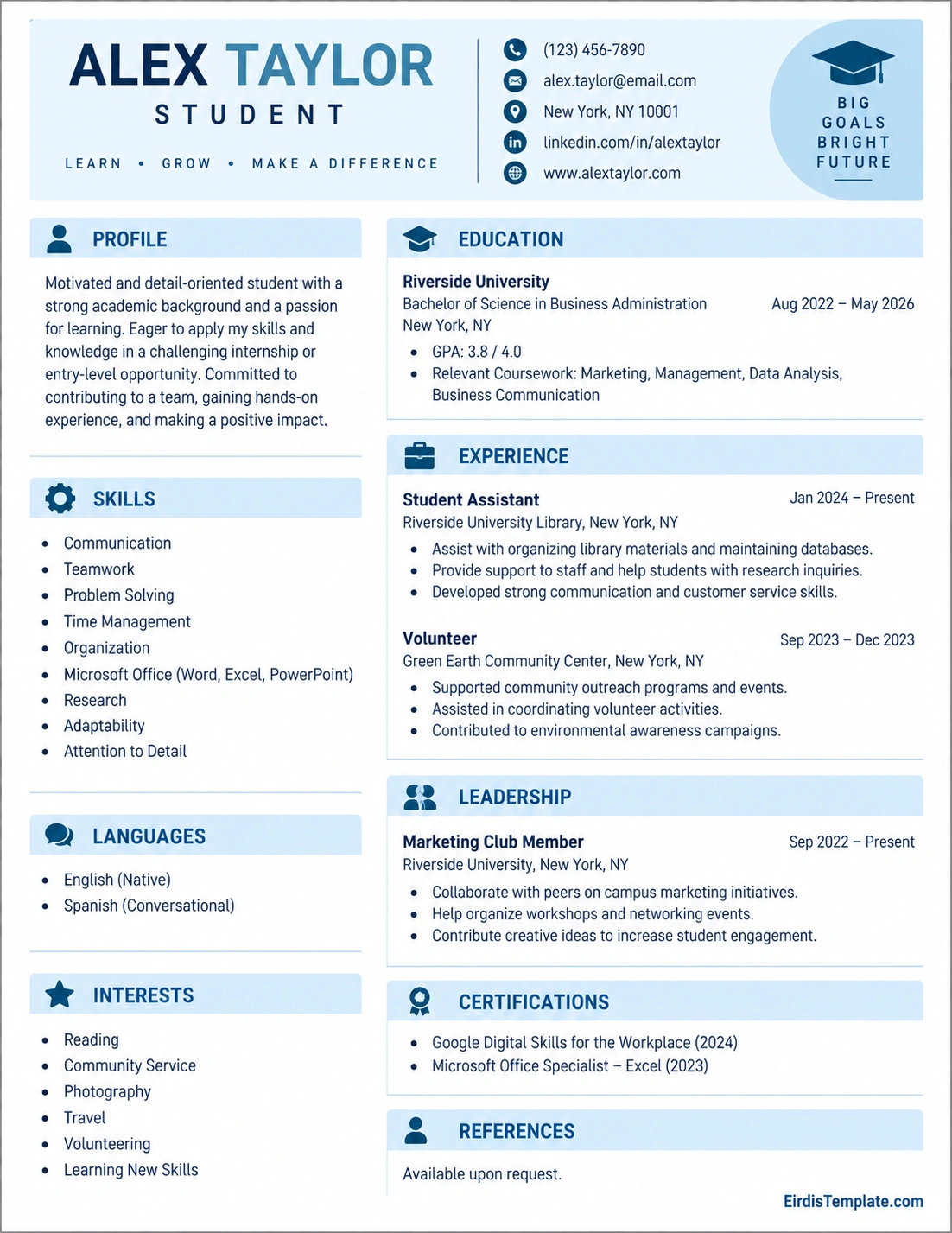 Printable student resume template with sections for education, skills, experience, activities, and achievements