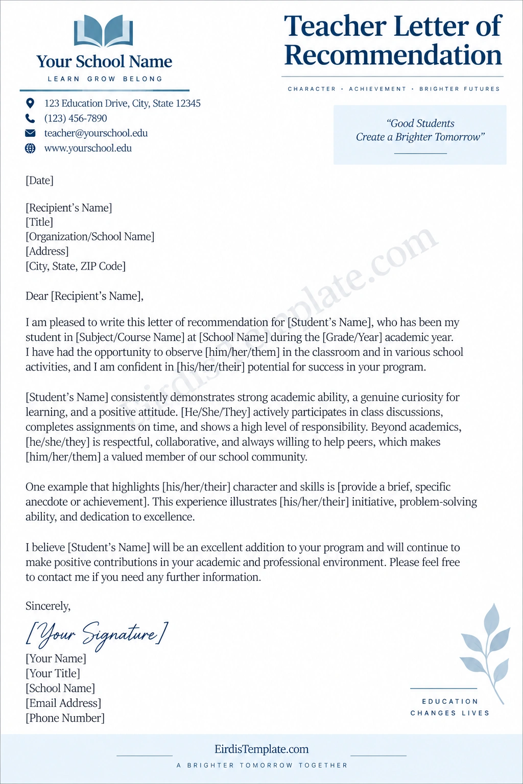 Teacher Letter of Recommendation Template