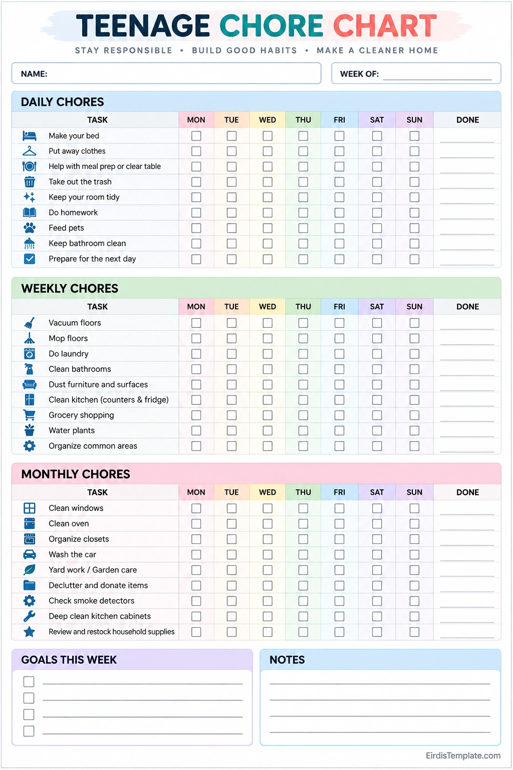 Printable Teenage Chore Chart Template with daily, weekly, and monthly chores, weekday checkboxes, goals, and notes
