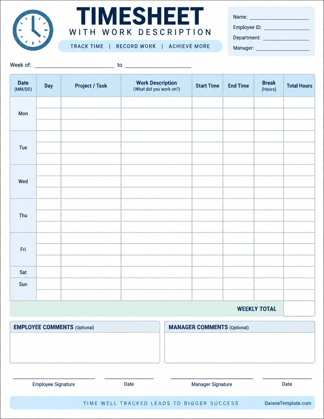 Timesheet Template With Work Description Printable timesheet with work description template for recording work hours, tasks, projects, and daily activities