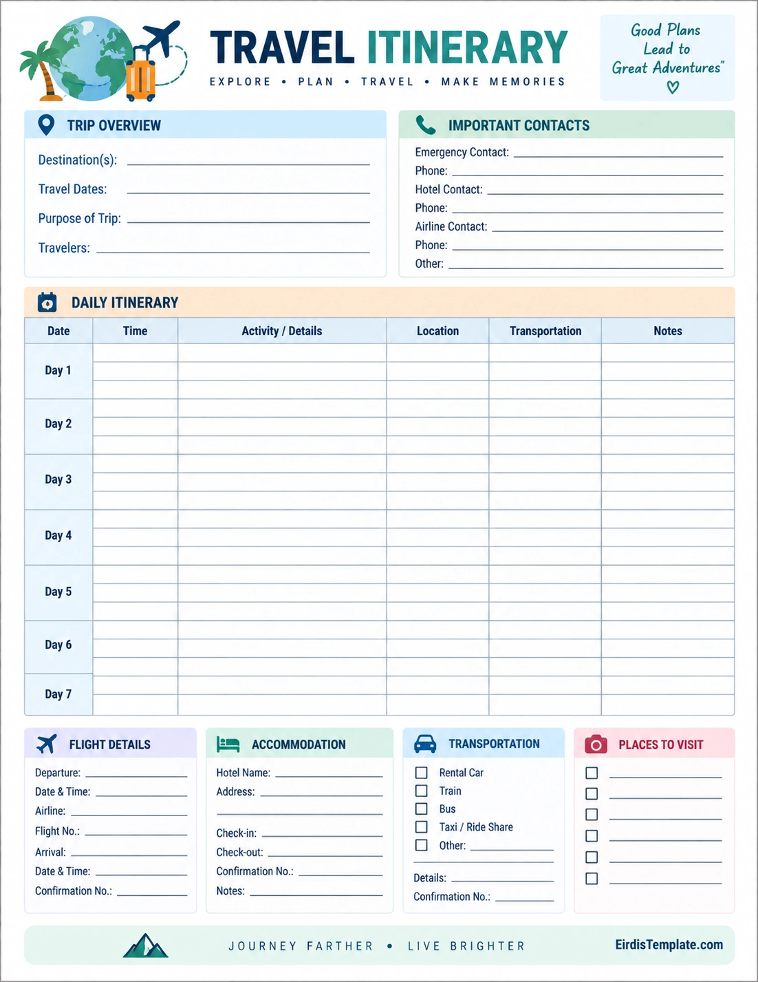 Printable travel itinerary template for organizing daily activities, flights, accommodation, transportation, and places to visit