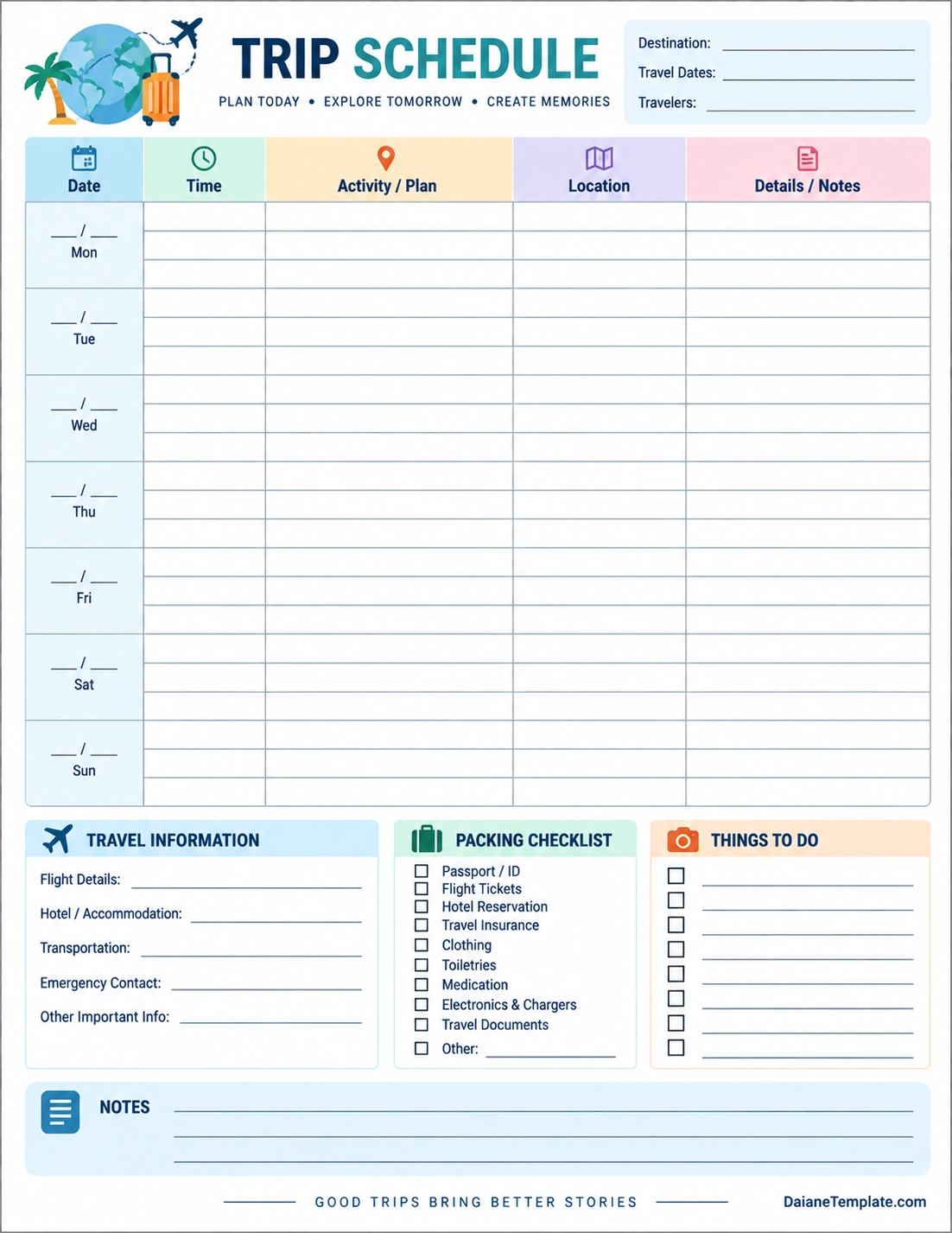 Printable trip schedule template for organizing travel dates, activities, locations, transportation, and trip details