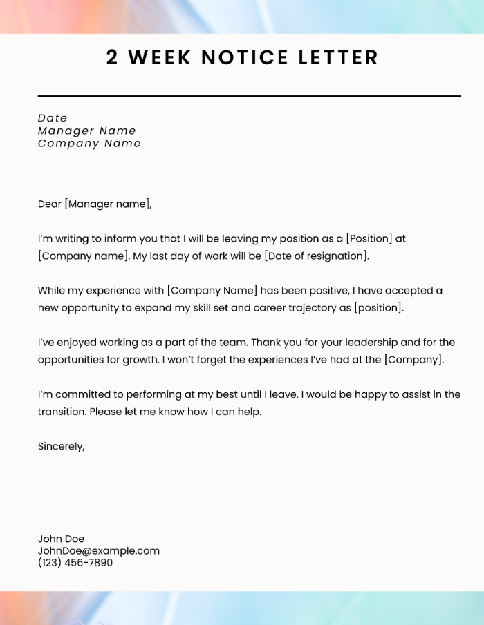 Two-Week Notice Resignation Letter Template Example Two-Week Notice Resignation Letter Template Example