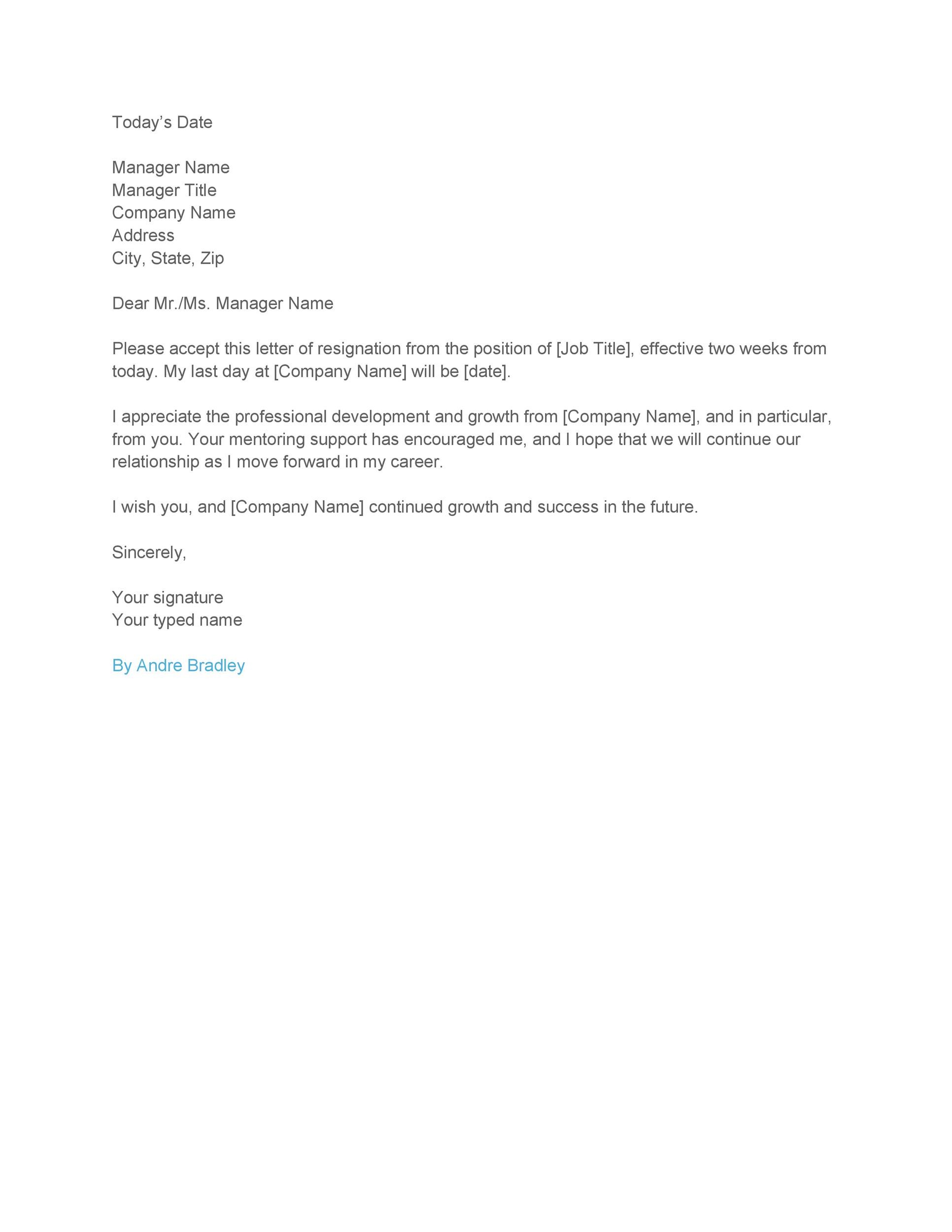 Two-Week Notice Resignation Letter Template Two-Week Notice Resignation Letter Template