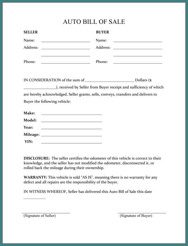Used Car Bill of Sale Form Used Car Bill of Sale Form