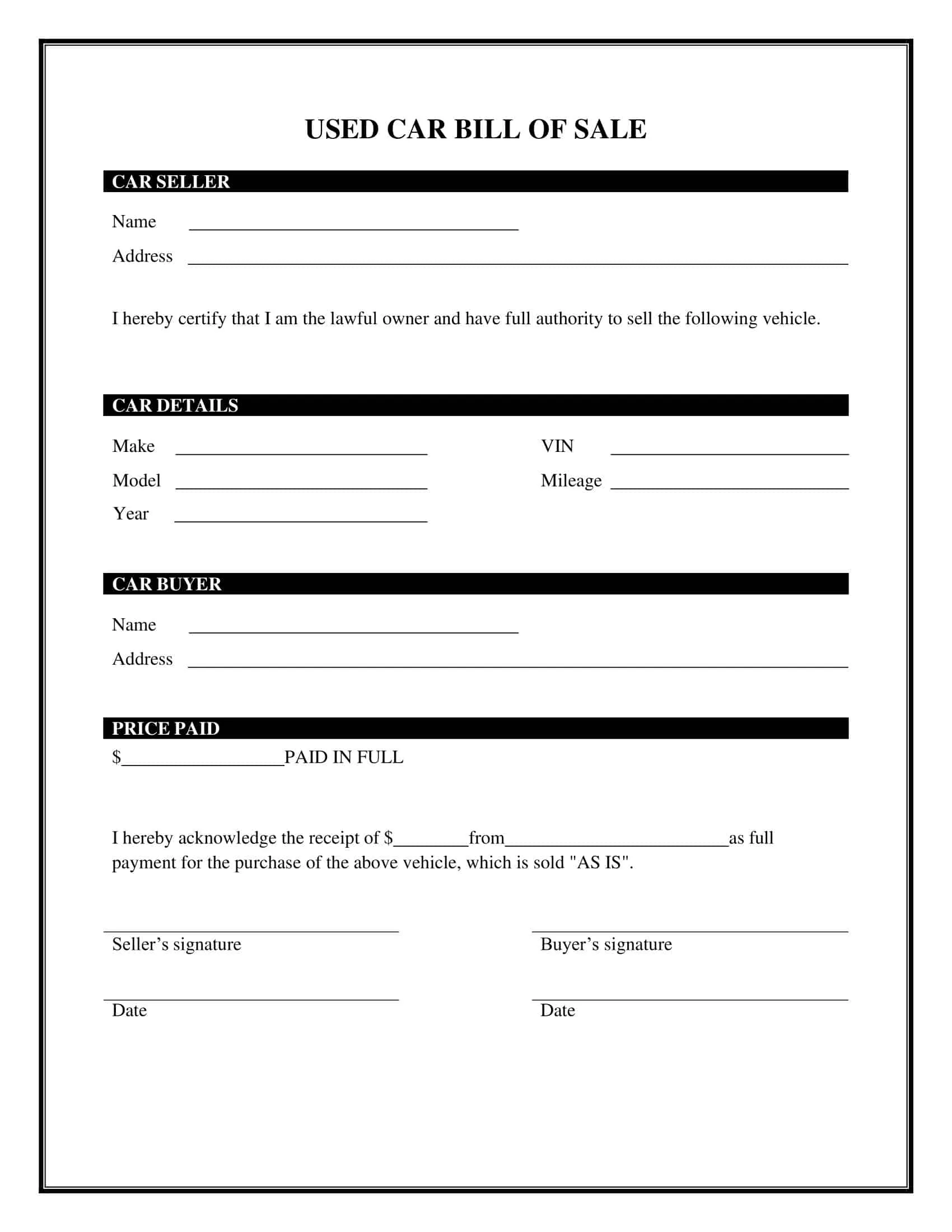 Used Car Bill of Sale Template Sample Used Car Bill of Sale Template Sample