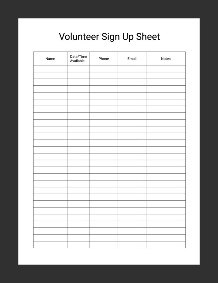 Volunteers Sign-up Sheet Template Example Volunteers Sign-up Sheet Template Example