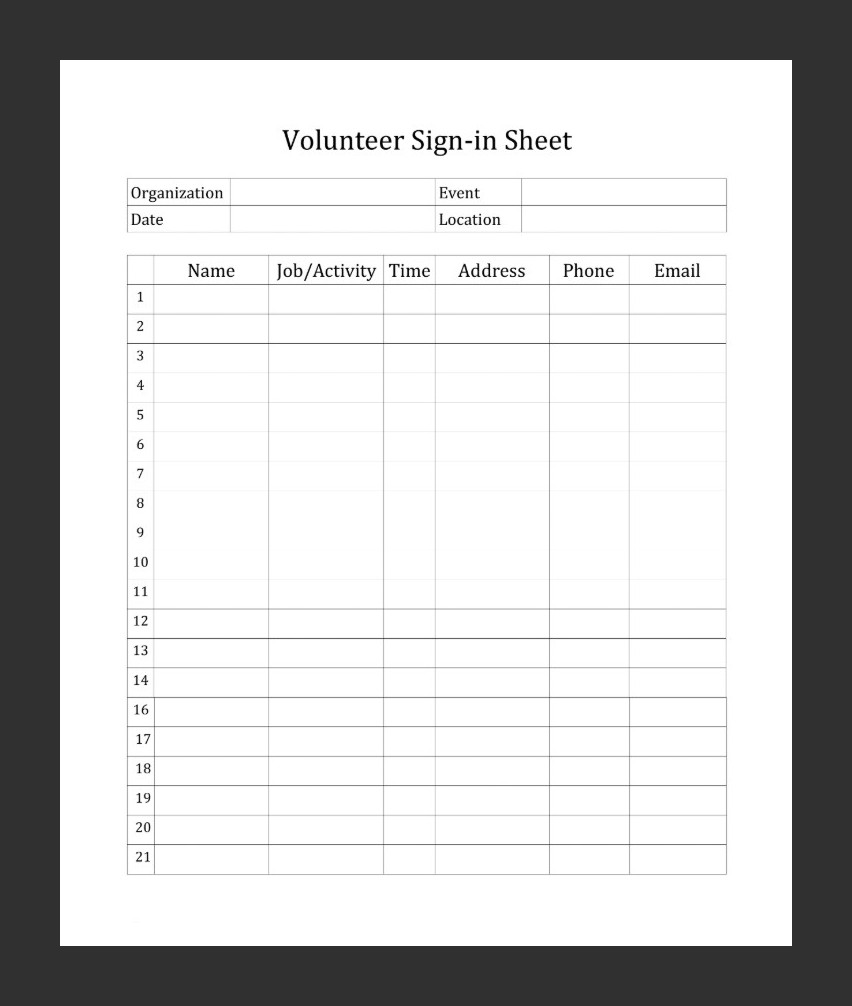 Volunteers Sign-up Sheet Template Sample Volunteers Sign-up Sheet Template Sample