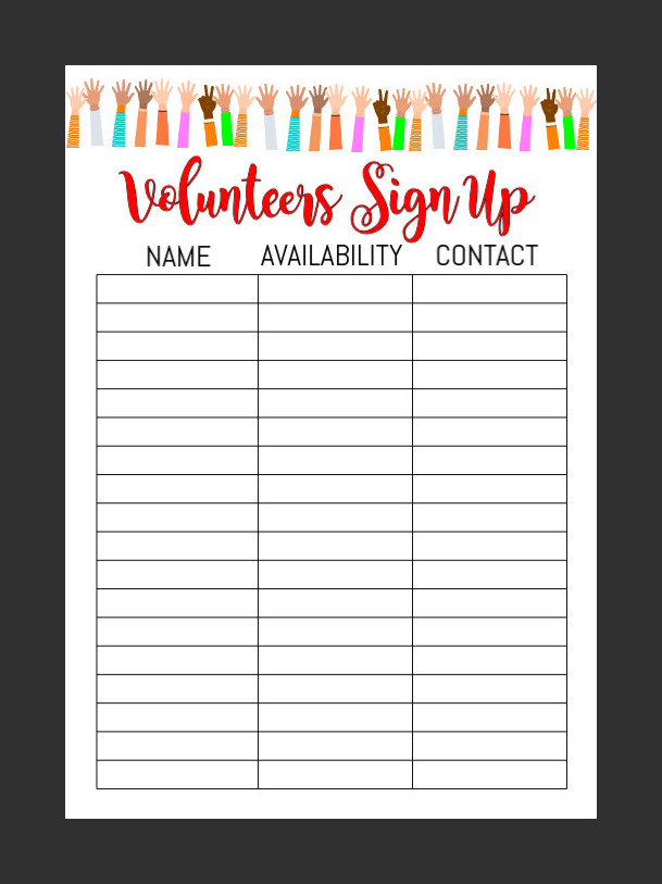 Volunteers Sign-up Sheet Template Volunteers Sign-up Sheet Template