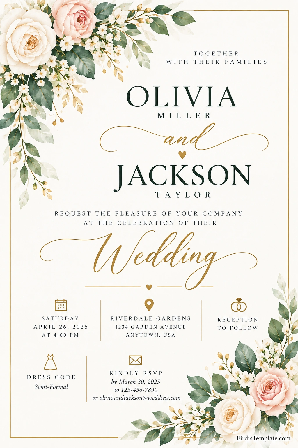 Wedding Card Template Elegant printable wedding card template with space for couple names, wedding date, ceremony details, venue, RSVP, and reception information