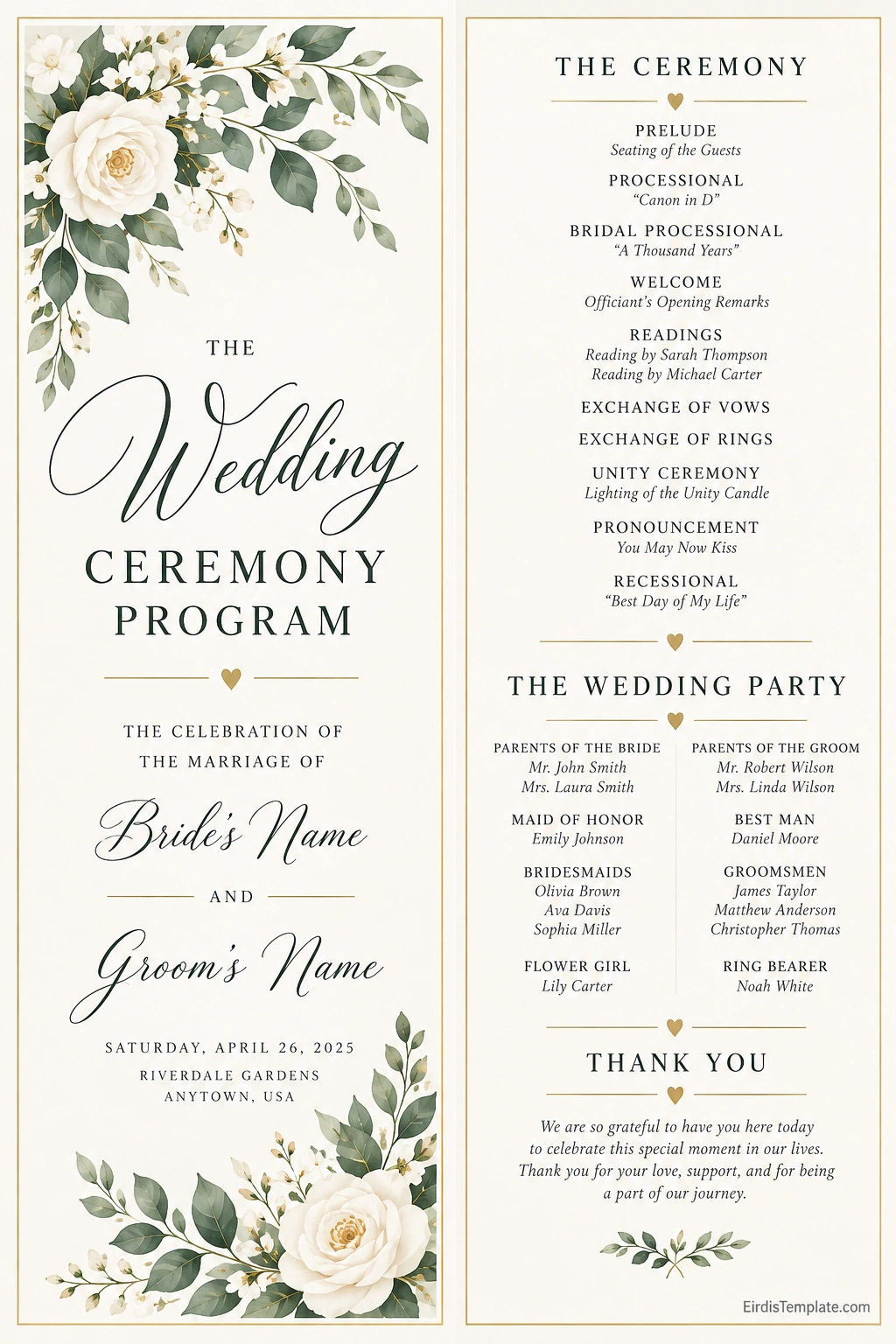 Wedding Ceremony Program Template Elegant printable wedding ceremony program template with ceremony order, wedding party, wedding details, and thank-you message