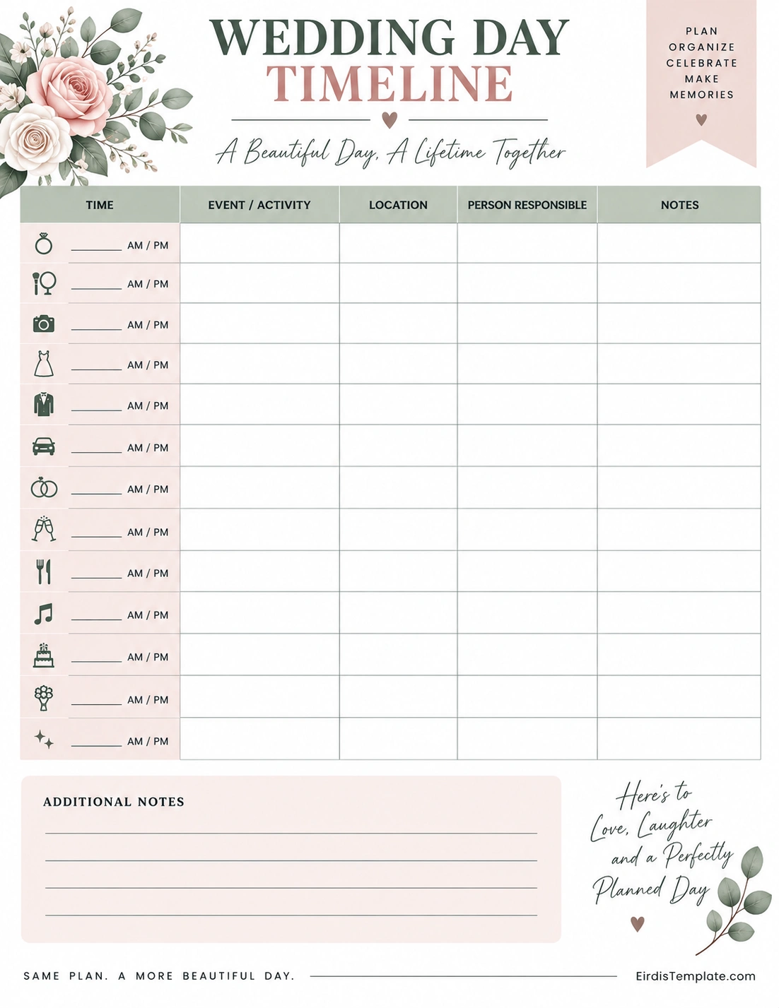 Printable wedding day timeline template with time, event, location, person responsible, notes, and additional planning sections
