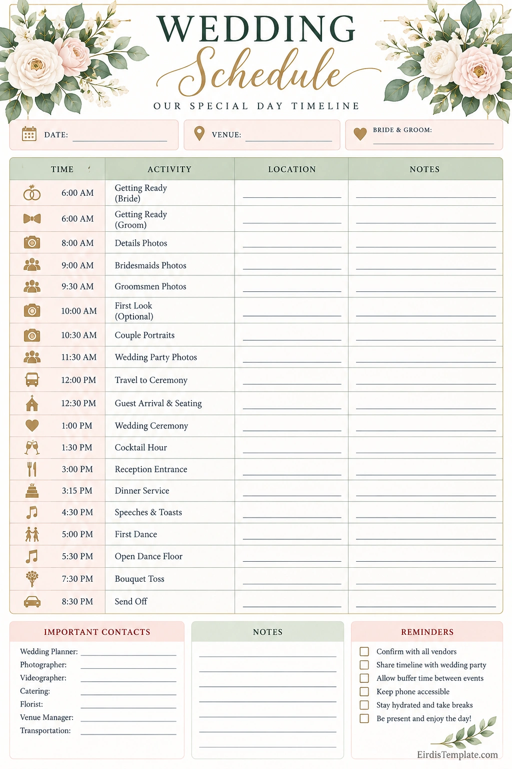 Printable wedding schedule template with hourly timeline, activities, locations, notes, contacts, and reminders