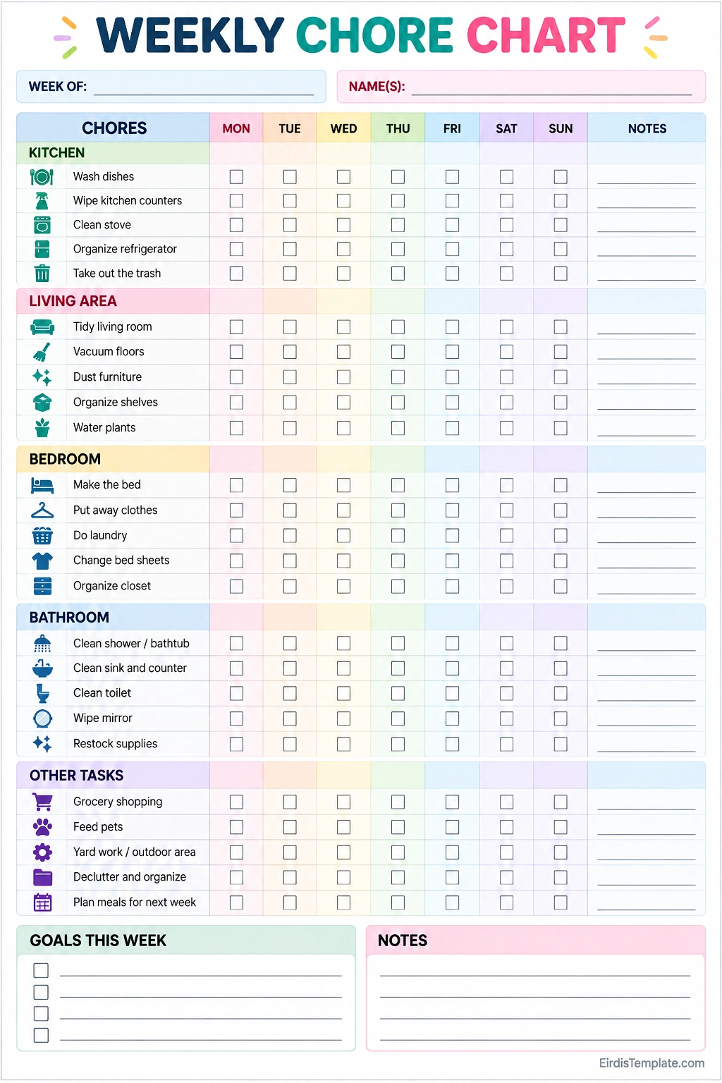 Printable Weekly Chore Chart Template with Monday through Sunday checkboxes, kitchen, living room, bedroom, bathroom, and household tasks