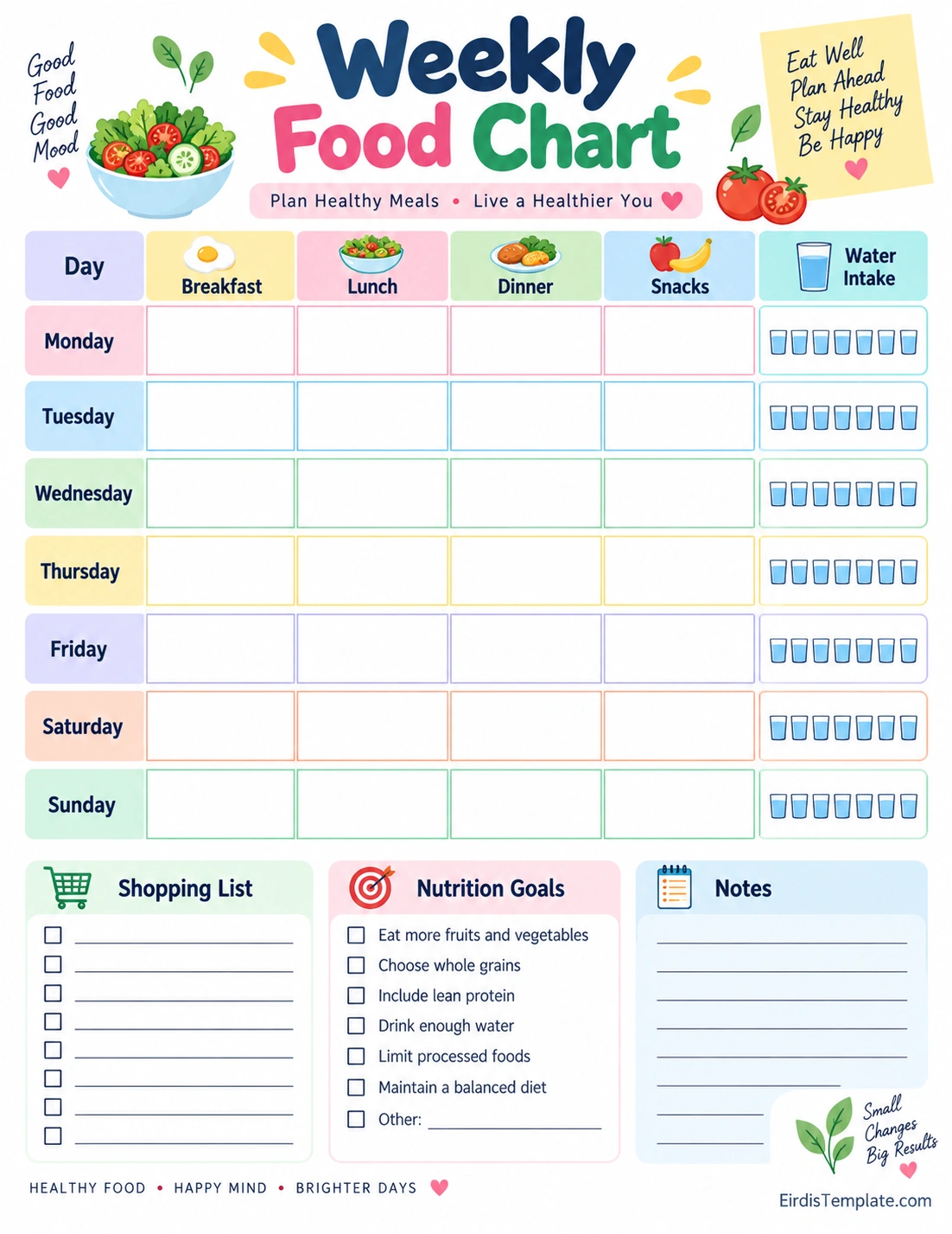 Weekly Food Chart Template for planning meals and healthy eating