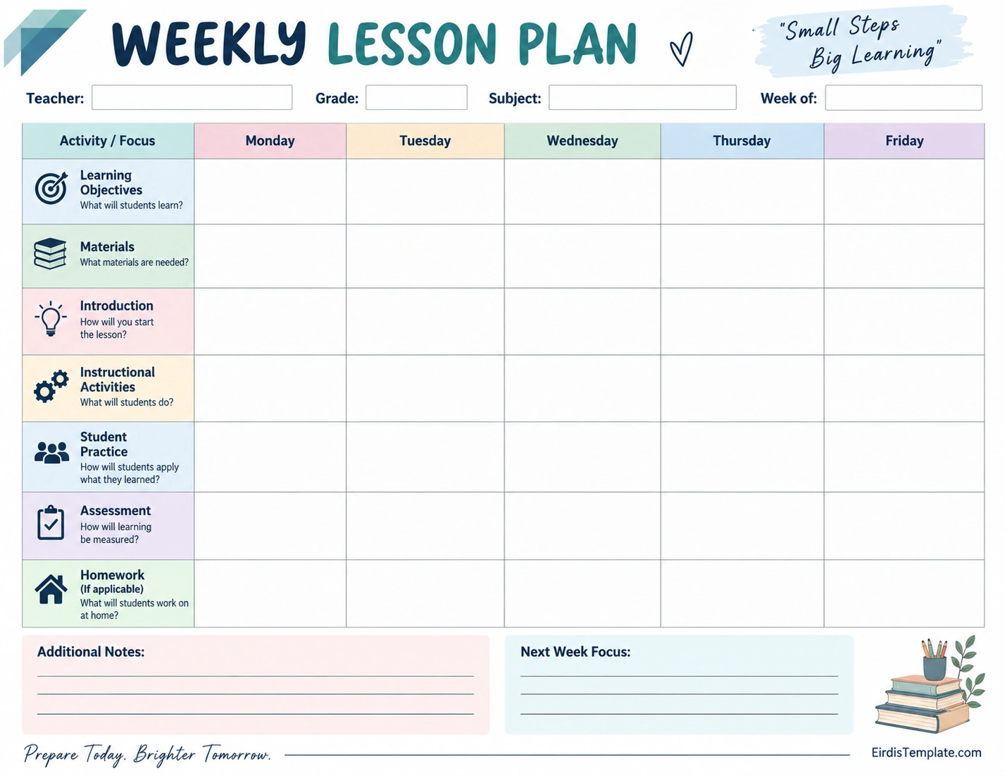 Printable weekly lesson plan template with daily subjects, learning objectives, activities, materials, assessments, homework, and teacher notes